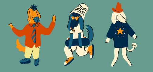 set of humans as dogs in vector.Template for postcard sticker logo poster for app website. A series of furry dogs in flat style