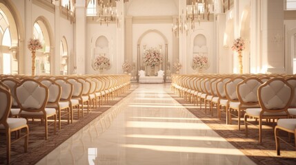 Matrimonial elegance! Wedding hall and chairs, a symbol of festive celebration. - obrazy, fototapety, plakaty