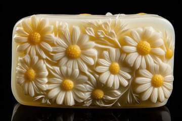 Beautiful natural chamomile soap bar on dark background. Handmade organic soap
