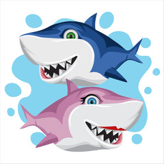 A couple of Cartoon Sharks on a white background. Vector illustration.