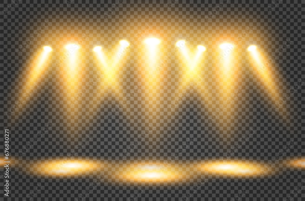 Poster a set of spotlights with a bright yellow light illuminating the stage on a transparent background. t