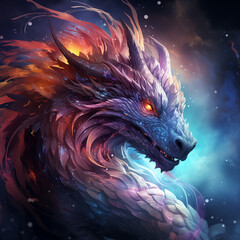Obraz premium A dragon with a glimmer of starlight, the universe and galaxies adorn the sky with wisps of smoke. Chinese new year 2024