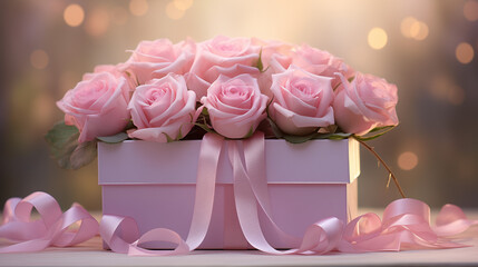 Elegant Pink Rose Box with Coordinated Ribbons and Romantic Bokeh Background
