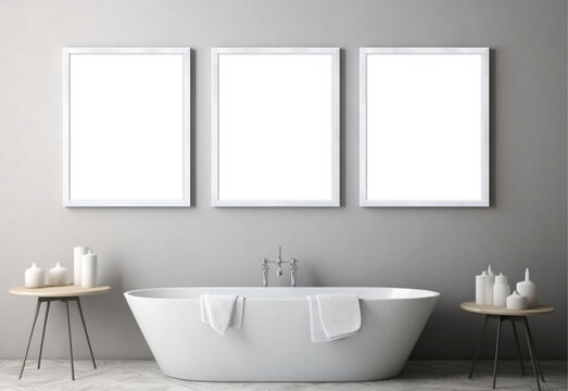 three square picture frame, white frame, above bathroom shelf. blank picture in the frame. mockup.