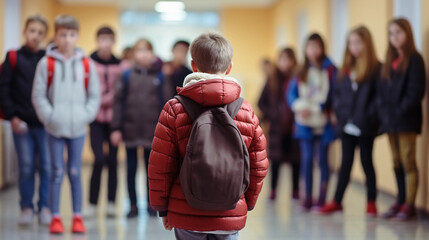 A boy is standing in the school corridor 
Generative AI