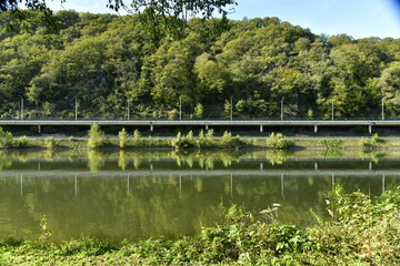 Reflet dans les eaux de la Meuse de la colline boisée et de l'autoroute à Lustin 