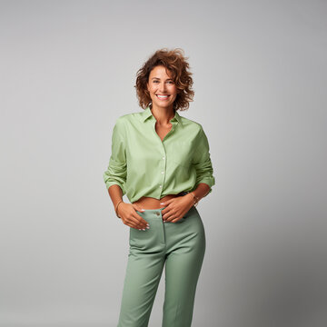 fotograf&iacute;a de cuerpo completo de una mujer madura, sonriente y feliz, vestida de verde, aislada en union blanco 