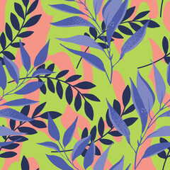 Vibrant hand drawn abstract leaves retro seamless pattern