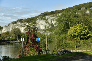 Les falaises de calcaire de Frènes avec la végétation luxuriante dominant la Meuse à Profondeville 