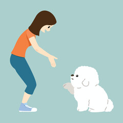 Illustration of a young woman and a Bichon Frise shaking hands