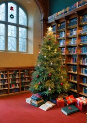 A Christmas Tree In A Library, With Books As Gifts Underneath.