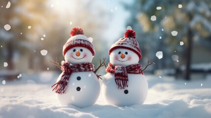 Two cheerful snowmen standing in winter christmas