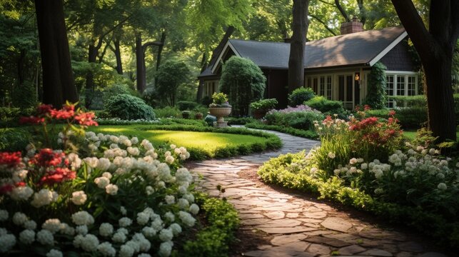 English Cottage Backyard garden with brown pavement spring season
