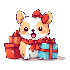 Fototapeta premium Cute dog with christmas gift box, kawaii illustration, isolated