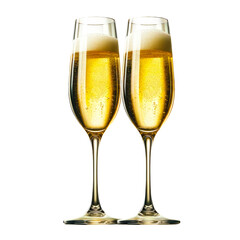 Two full champagne flutes with golden bubbles, clinking, against a white background.