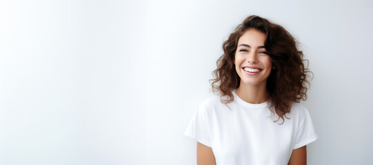 Fototapeta premium portrait of a beautiful young happy woman laughing. a smiling woman wearing white sweater standing and smiling on gray background with copy space.