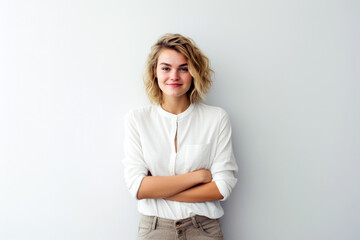 portrait of young happy woman looks in camera. a smiling woman wearing white sweater standing with arms crossed on gray background