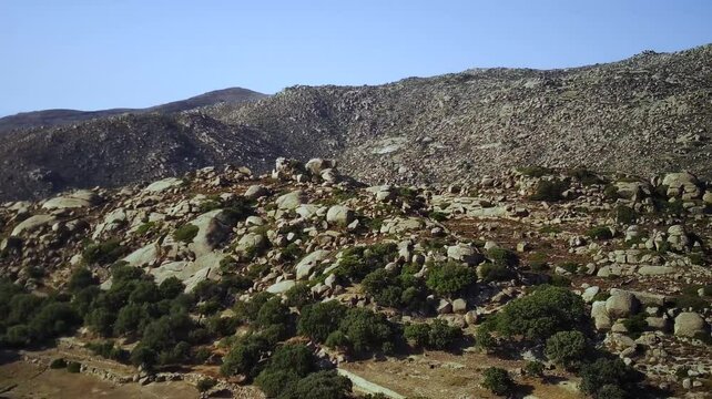 Drone footage of granite boulders on the Volax Plateau in Volax village, Tinos island, Greece