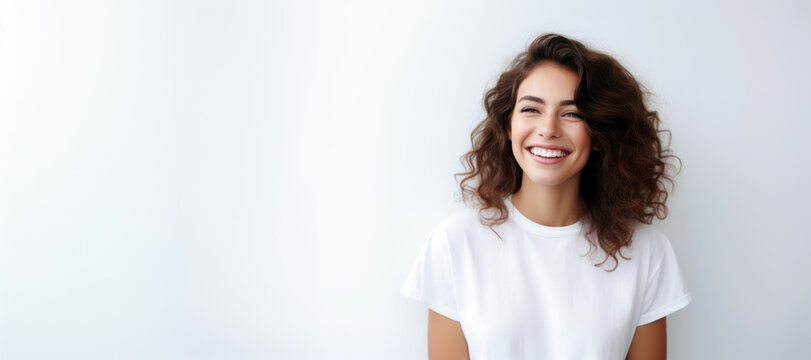portrait of a beautiful young happy woman laughing. a smiling woman wearing white sweater standing and smiling on gray background with copy space.
