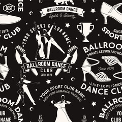 Set of Ballroom dance sport club seamless pattern. Concept for dancer sport pattern background or wallpaper. Dance sport sticker with shoes for ballroom dancing, man and woman silhouette. Vector.