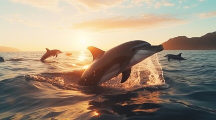 A playful dolphin happily swims in the ocean - obrazy, fototapety, plakaty