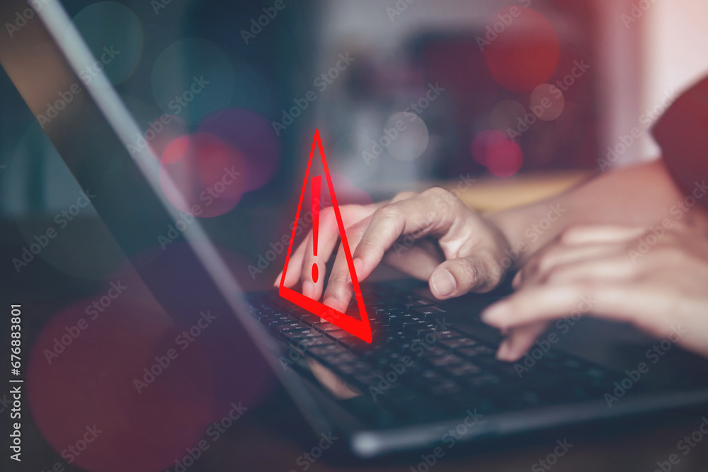 Poster emergency warning alert alarm concept, data network protection, virus alarm with people using comput