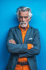 Dapper Grandfather Showcases Timeless Elegance in Trendy Attire, A Best Age Model Embracing Fashion Photography with Blue and Orange Tones, AI generated