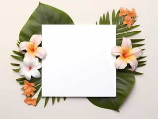 Frame mockup with tropical flowers on a white background. Banner or gift card with flowering frame