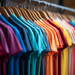 Obraz premium Colorful t-shirts hangers in shop. 