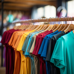 Colorful t-shirts hangers in shop.	
