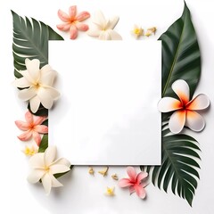 Fototapeta na wymiar Frame mockup with tropical flowers on a white background. Banner or gift card with flowering frame
