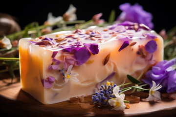Beautiful natural freesia  soap bar on dark background. Handmade organic soap