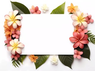 Frame mockup with tropical flowers on a white background. Banner or gift card with flowering frame