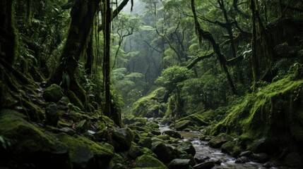 Deep jungle of mossy tropical forest in Southeast Asia Landscape