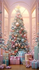 Christmas trees decorated. Pastel colors Christmas trees with lots of gifts.