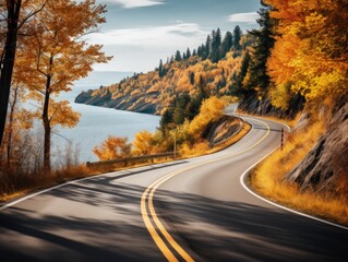 Naklejka premium Autumn Season Fall Scenic road Sunset view Landscape