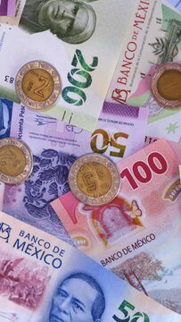 new bank notes of mexican peso background. 20, 50, 100, 200, 500 pesos