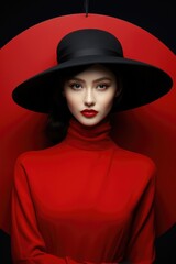 A woman in black hat with red lipstick 
