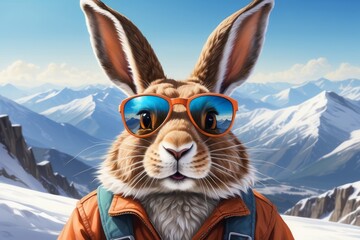 portrait of a funny realistic hare in sunglasses in front of a panorama of snowy mountains