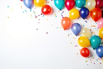 Colorful balloons on white background, confetti.