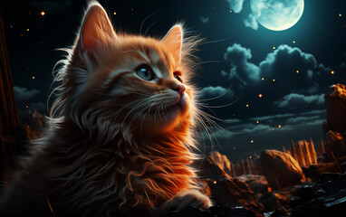 Orange kitten on a green field, in the style of futuristic spacescapes Generated AI