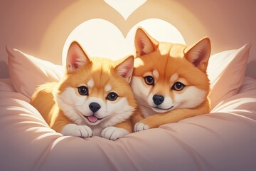 Obraz premium At home there are two adorable dogs sleeping peacefully on a cozy blanket on the sofa. loving 