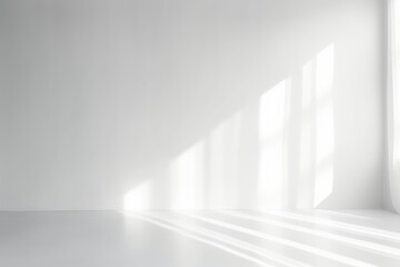 Abstract white studio background for product presentation. Empty room with shadows of window. Display product with blurred backdrop. Soft focus, Generative AI