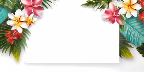 Frame mockup with tropical flowers on a white background. Banner or gift card with flowering frame