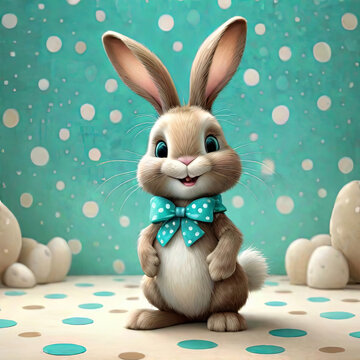 Cheerful rabbit in festive clothes on a colorful background. holiday, birthday, easter, party concept. Cute bunny print