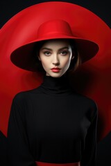 Female fashion model in red hat 