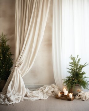 Simple and Clean Boho Christmas Studio Backdrop. Creative minimalist holiday background.