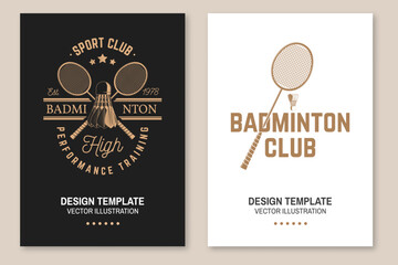 Set of badminton sport vintage flyer, poster design. Vector. Editable template with badminton racket, net cord and shuttlecock silhouettes. Badminton tournament posters for sports competition.