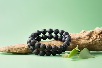 Two bracelets made of natural black volcanic lava stones beads isolated on pastel greenbackground. Handmade jewelry. Woman exoteric accessories. Talismans and amulets. Selective, Generative AI