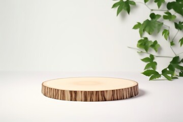 Natural round wooden stand for presentation and exhibitions on white background with shadow. Mock up 3d empty podium with green leaves for organic cosmetic product. Copy, Generative AI